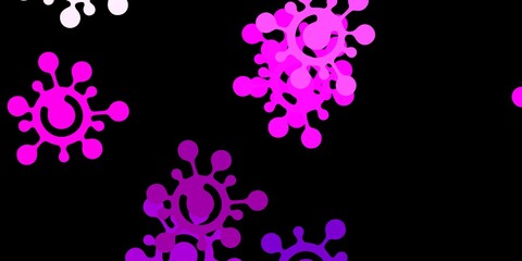 Dark purple, pink vector background with covid-19 symbols.