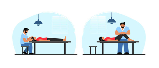 Vector flat illustration of osteopathy. An osteopath treats a patient. Munual therapist. Treatment of the back, head, and body. 
Headache treatment