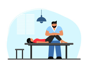 Vector flat illustration of osteopathy. An osteopath treats a patient. Munual therapist. Treatment of the back, head, and body. 
Headache treatment