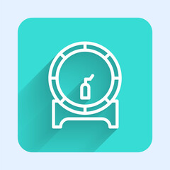 White line Wooden barrel on rack with stopcock icon isolated with long shadow. Green square button. Vector Illustration.