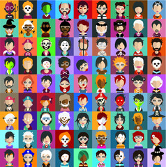 Set of people icons in flat style with faces. Vector women, men  character 