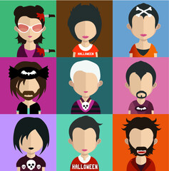 Set of people icons in flat style with faces. Vector women, men  character 