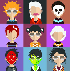 Set of people icons in flat style with faces. Vector women, men  character 
