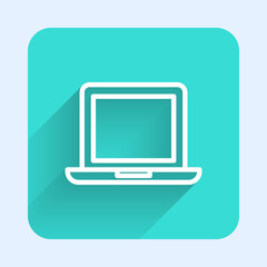White line Laptop icon isolated with long shadow. Computer notebook with empty screen sign. Green square button. Vector Illustration.