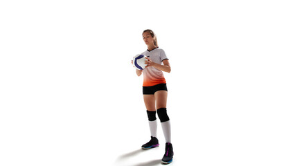 Female professional volleyball players in action on white background.