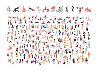 Crowd of flat illustrated people. Dancing, surfing, traveling, walking, working, playing, doing sport, fashion people, Arab, couple , doctors set. Vector big set