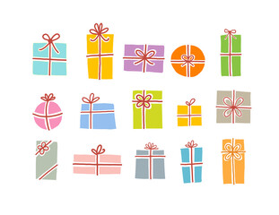 Set of christmas gift boxes in soft pastel colors on white background.