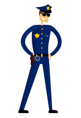 Policeman in a blue uniform with a cap. Cop standing with hands on the belt. Police officer cartoon character. Guardian of order. Vector illustration. Isolated on white background. 