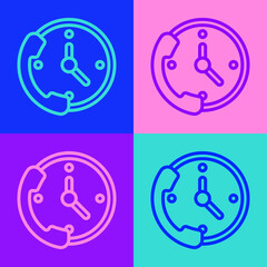 Pop art line Telephone 24 hours support icon isolated on color background. All-day customer support call-center. Full time call services. Vector Illustration.
