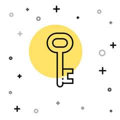 Black line House key icon isolated on white background. Random dynamic shapes. Vector Illustration.