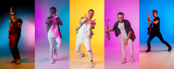 Collage of portraits of 5 young emotional talented musicians on multicolored background in neon light. Concept of human emotions, facial expression, sales. Playing guitar, singing, dancing, jumping.
