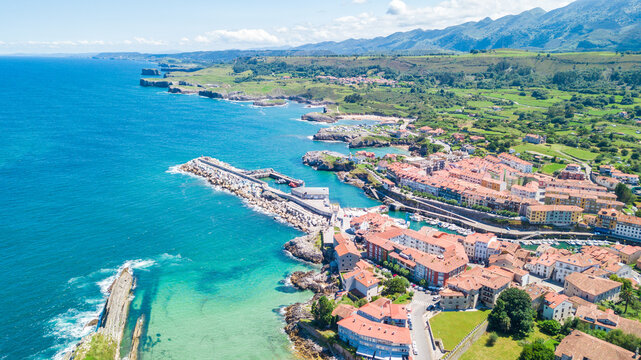 aerial view of llanes fishing town in asturias, spain