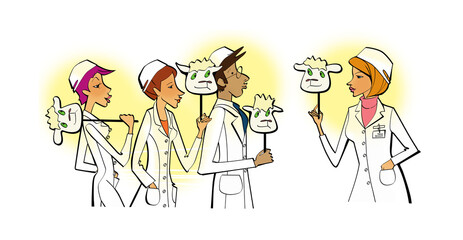 Acquaintance with a new team. New leader. Group of people in white coats with sheep masks in their hands. Illustration.