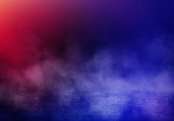 Light neon effect, energy waves on a dark abstract background. Laser colorful neon show. Reflection of light on the asphalt. Night party with clouds of smoke. 3d illustration