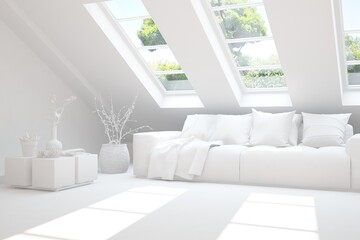 Stylish room in white color with sofa and green landscape in window. Scandinavian interior design. 3D illustration
