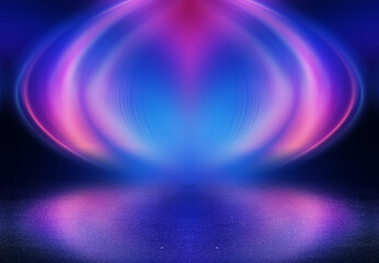 Light neon effect, energy waves on a dark abstract background. Laser colorful neon show. Reflection of light on the asphalt. Night party with clouds of smoke. 3d illustration