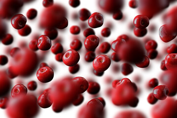 Flying or levitated cherries on a light background with steam or water particles