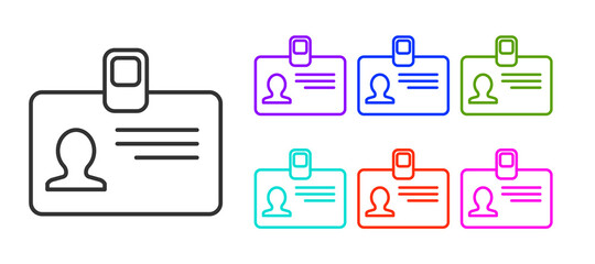 Black line Identification badge icon isolated on white background. It can be used for presentation, identity of the company, advertising. Set icons colorful. Vector Illustration.