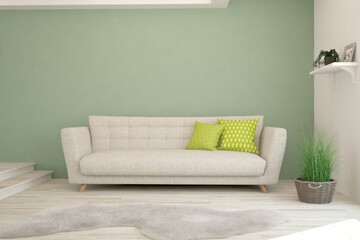 Green stylish minimalist room with sofa. Scandinavian interior design. 3D illustration