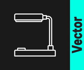 White line Table lamp icon isolated on black background. Table office lamp. Vector Illustration.