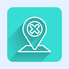 White line Map pin icon isolated with long shadow. Navigation, pointer, location, map, gps, direction, place, compass, search concept. Green square button Vector Illustration
