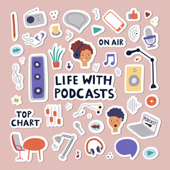 Podcasts concept stickers. Color flat icons for blogging and vlogging. Live streaming. Vector illustration