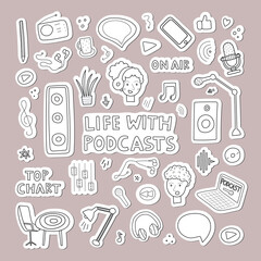 Podcasts concept clipart. Color flat icons for blogging and vlogging. Live streaming. Vector illustration