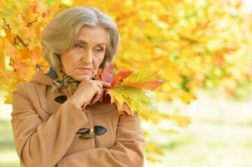 Portrait of sad senior woman in autumn park