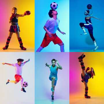 Sport collage of little professional athletes or players on multicolored background in neon. Made of different photos of 4 models. Concept of motion, action, power, childhood, active lifestyle.