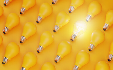 Stand Out Idea Concept. Glowing Bulb Between Unlit Yellow Bulbs Minimal. - 369689591