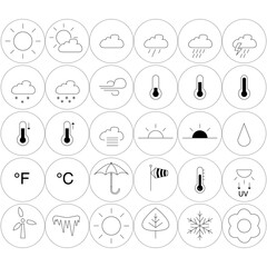 vector weather icons in circles on white background