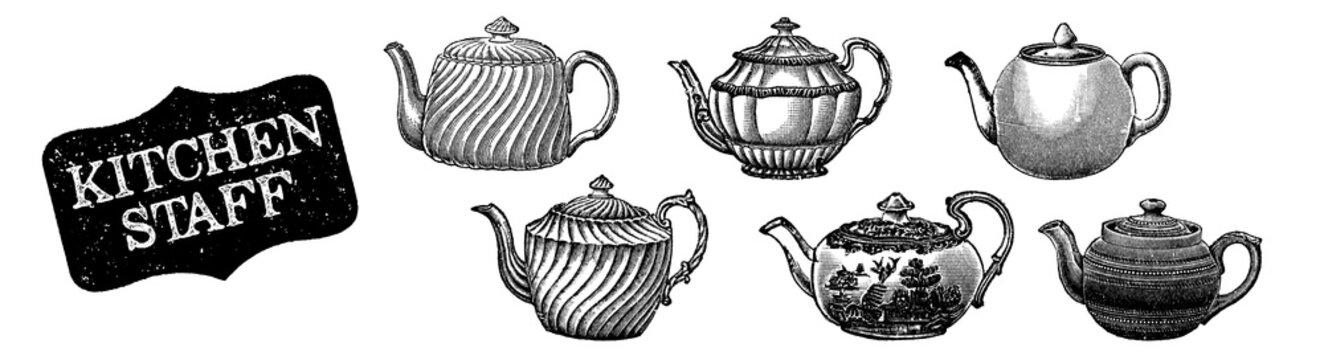 Kitchen staff. Teapot set. Engraving illustration. Engraved kettle. English breakfast. Black ink hand drawn. Black vintage drawing isolated on white background.