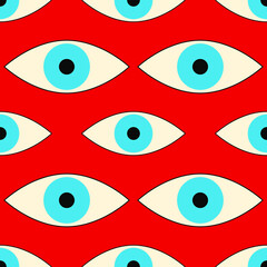 Abstract eyes background on red, seamless pattern, vector
