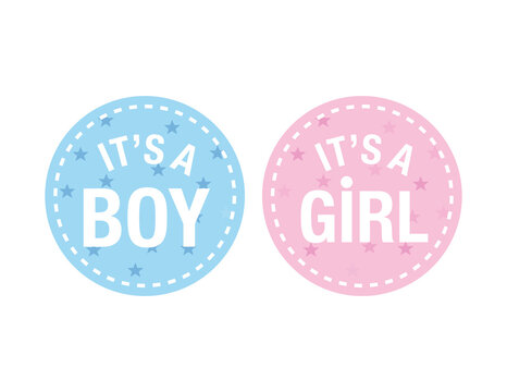 Baby shower stickers. Its a boy card. its a girl card. Vector baby shower postcard. 