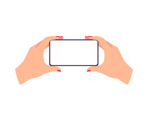 Women hands holding horizontally mobile phone flat vector illustration isolated.