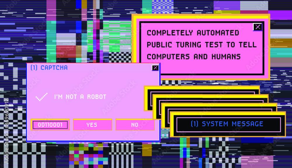 Aufkleber Concept of  CAPTCHA — Completely Automated Public Turing test to tell Computers and Humans Apart. Glitched screen with pixel noise and message boxes.