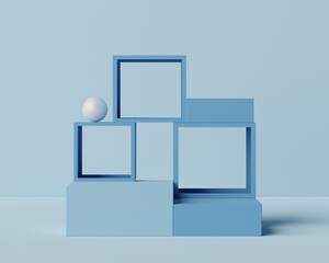 3d geometric forms. Blank podium display in pastel white blue color. Minimalist pedestal or showcase scene for present product and mock up.