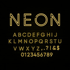 Obraz premium Neon light modern font. English alphabet and numbers sign.