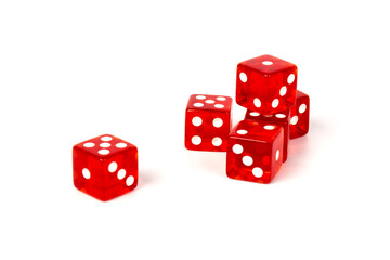 Transparent and red glass dices isolated on white background.