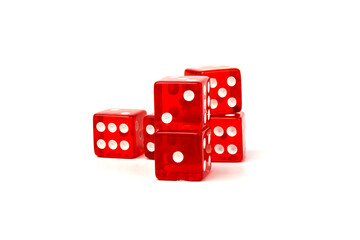 Transparent and red glass dices isolated on white background.