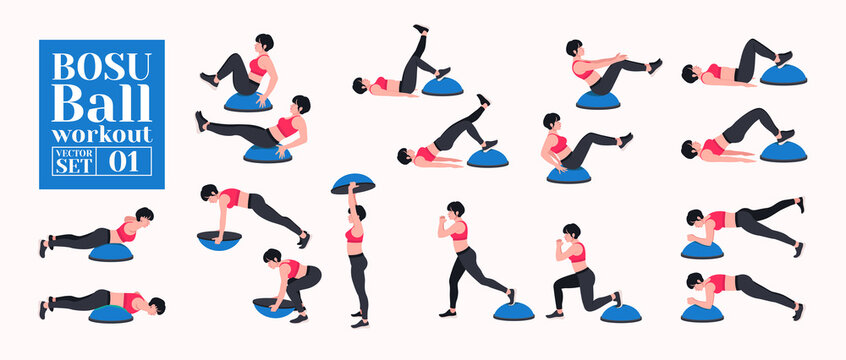 BOSU Ball / Balance Training Ball workout set. Young woman doing BOSU Ball exercises. Vector illustration