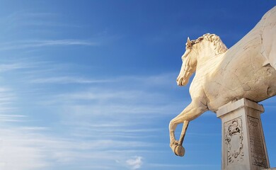 Marble Horse Statue over a blue cloudy sky, Campidoglio square, Rome, Italy.