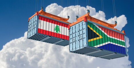 Freight containers with South Africa and Lebanon flag. 3D Rendering 