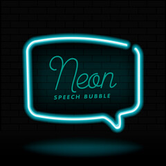 Glowing neon empty speech bubble frame. Rectangle blank speech bubble in neon style on dark brick wall background. Vector