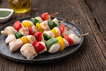 bbq chicken stick with bell pepper on wood