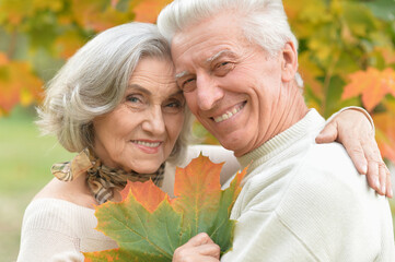 Beautiful senior couple in autumn park with leaves