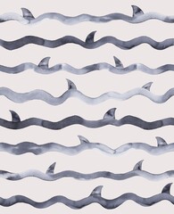Shark Seamless Pattern - Watercolor Illustration Background - Shark Tails over Sea Waves