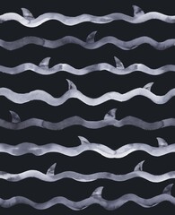 Shark Seamless Pattern - Watercolor Illustration Background - Shark Tails over Sea Waves