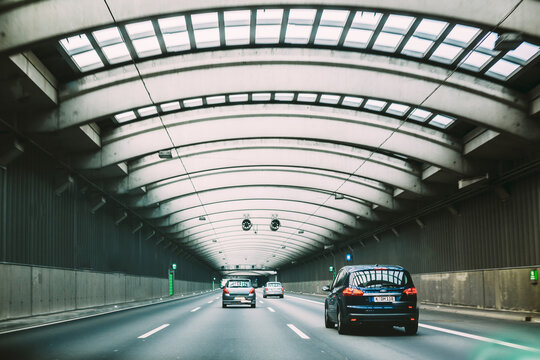 Speeding Cars Inside A Highway Urban Tunnel