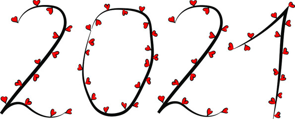 2021. Arabic numerals. Happy New Year and merry Christmas. Bright romantic font. Black outline and bright red hearts. The atmosphere of romance and love. A holiday for lovers. Tenderness and passion